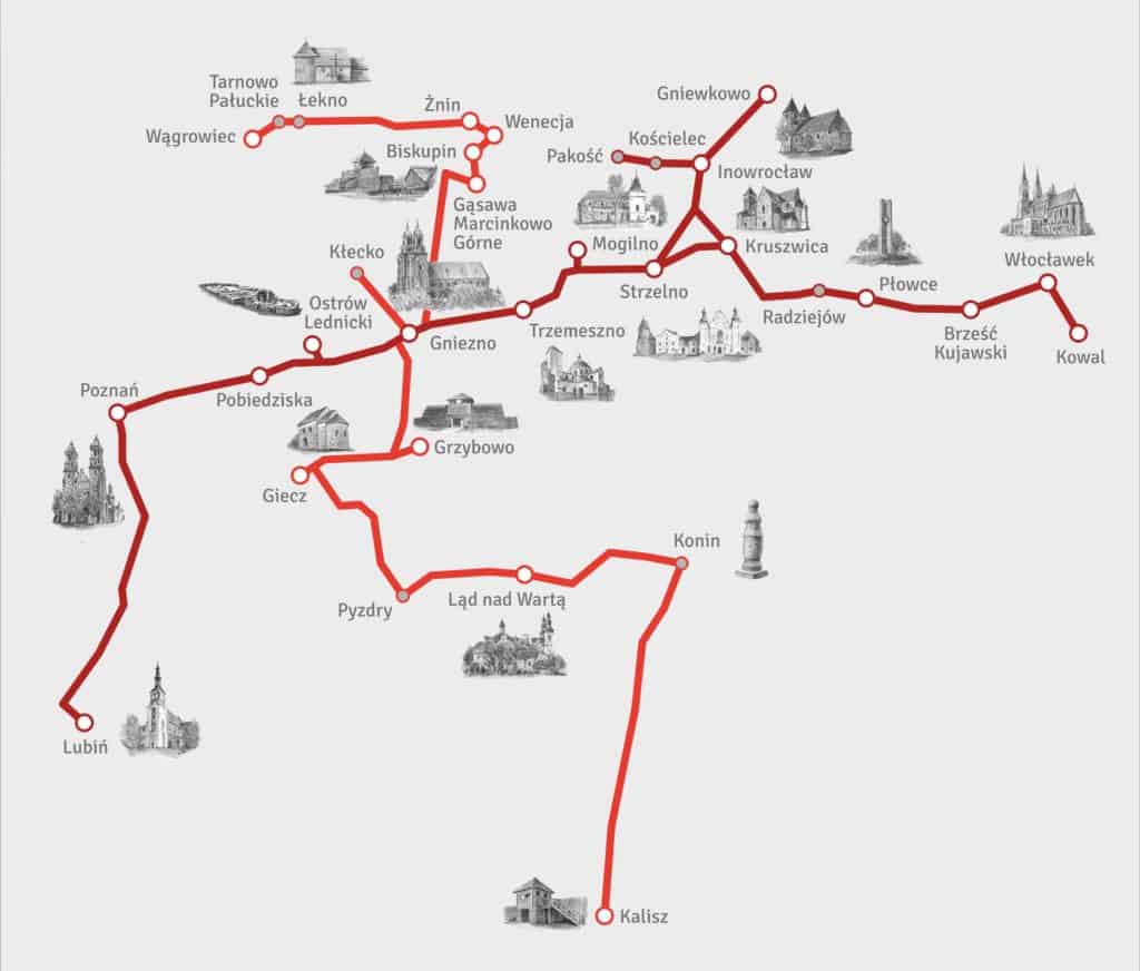 Szlak Piastowski pokazany na uproszczonej mapie.