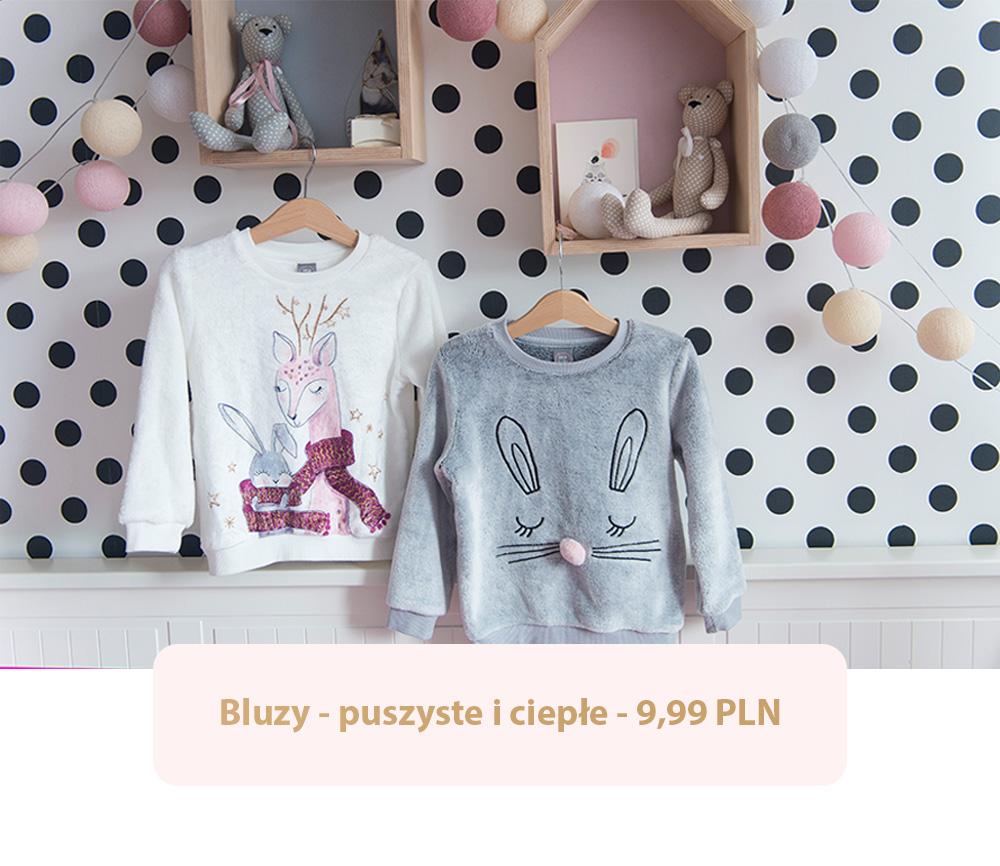 Miękkie, jesienne bluzy z Pepco dla dziewczynki - szara z króliczkiem i biała z jelonkami.