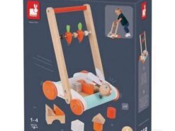 Janod - wózek pchacz - drewniany z 19 klockami